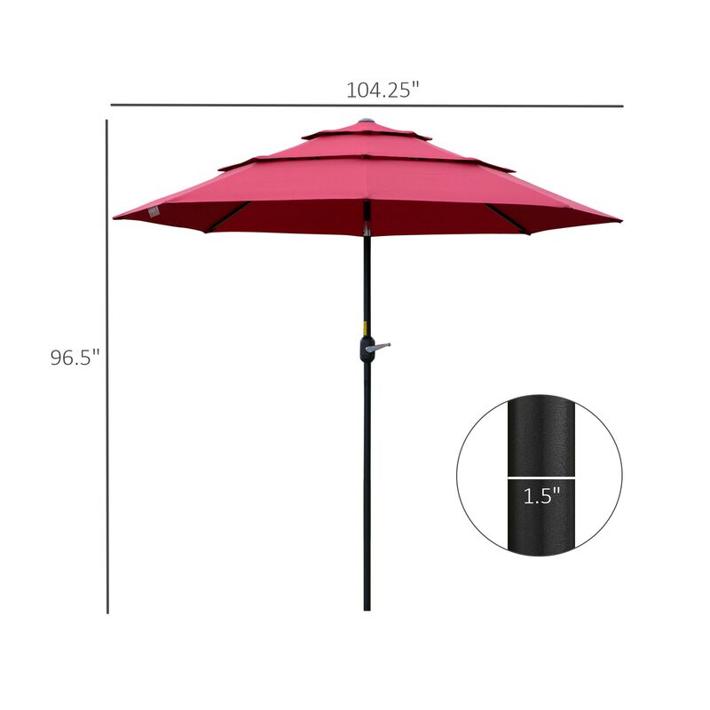 9' 3-Tier Patio Umbrella, Outdoor Market Umbrella with Crank and Push Button Tilt for Deck, Backyard and Lawn, Wine Red