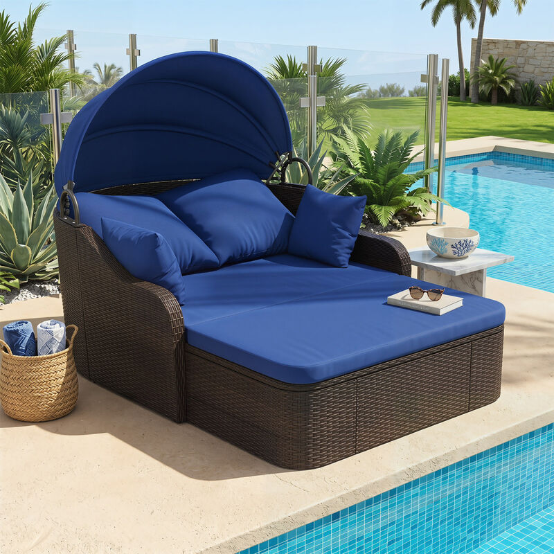 PE Rattan Patio Daybed with Adjustable Canopy and Soft Cushions image number 3