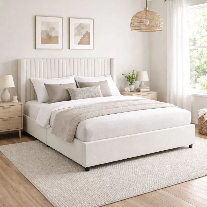 Nia Queen Bed, 2 Storage Drawers, Wingback Tufted Ivory Velvet Headboard image number 8