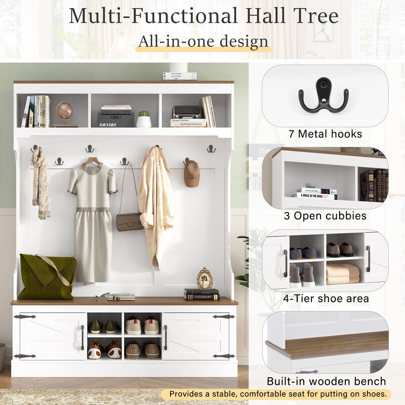 Merax All-in-One Entryway Storage Unit with Seating Bench, Coat Hooks & Shoe Rack image number 4