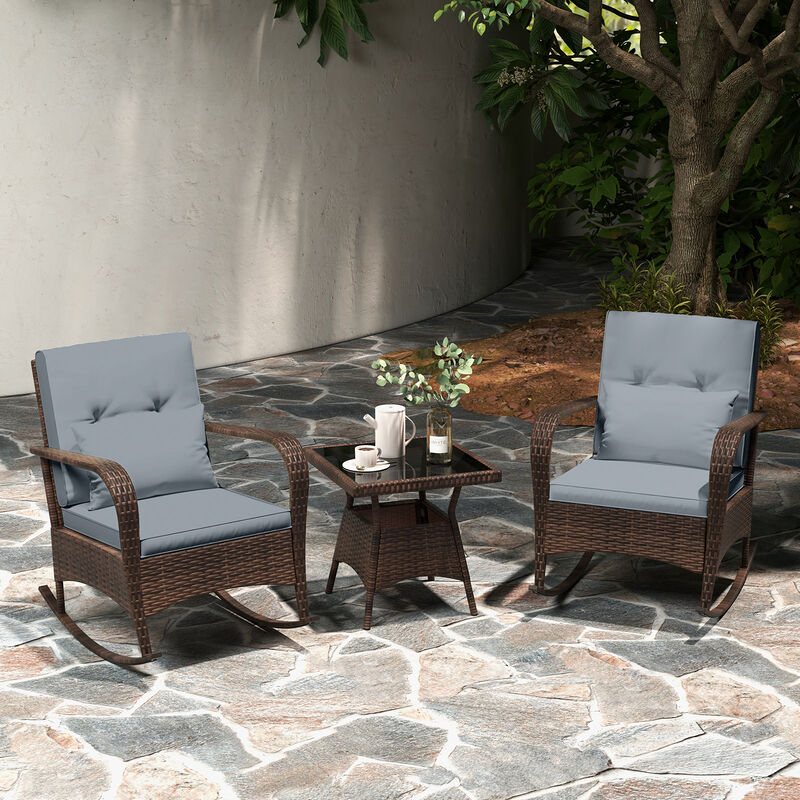 3-Piece Outdoor Rocking Chair Set with Glass Coffee Table for Patio and Poolside image number 2