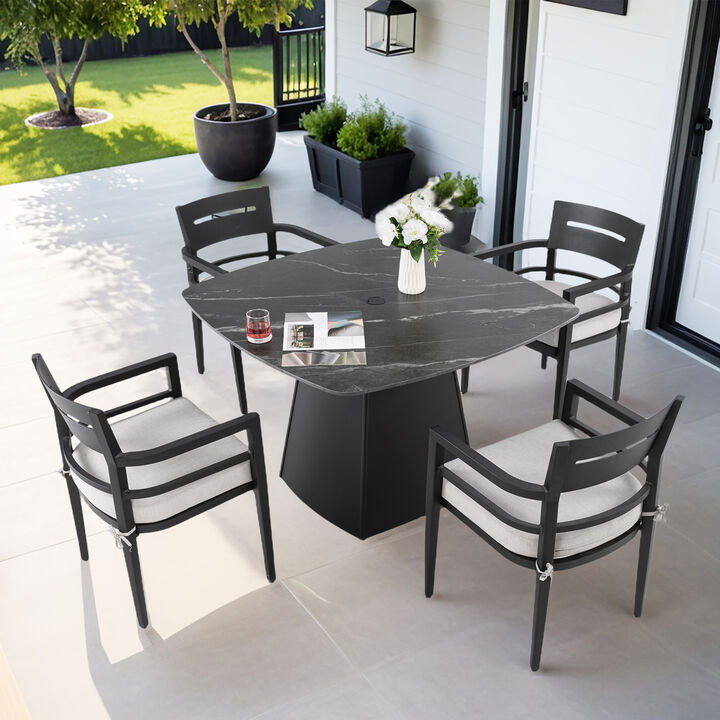 MONDAWE 6-Piece Modern Aluminum Patio Dining Set with 4 Chairs & 1 Dining Bench and Rectangle Table with Umbrella Hole