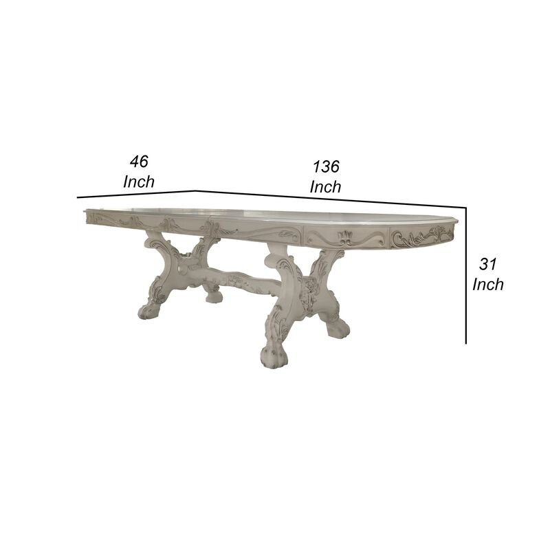 Ally Dining Table, Double Pedestal Base, Bone White Wood, 94-136 Inch - Benzara