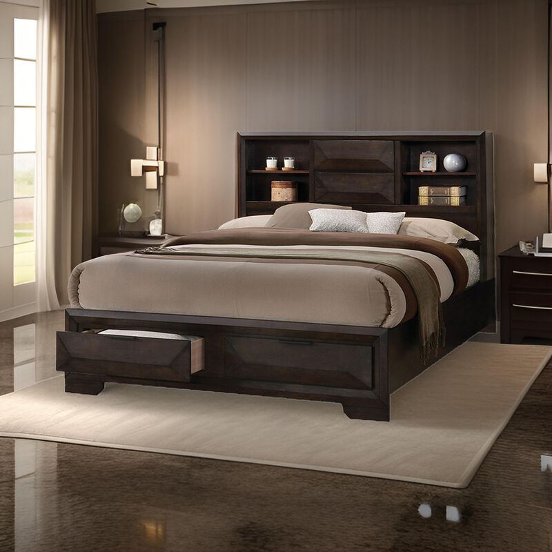Costa Queen Bed w Bookcase Headboard, 2 Storage Drawers, Dark Brown Wood - Benzara
