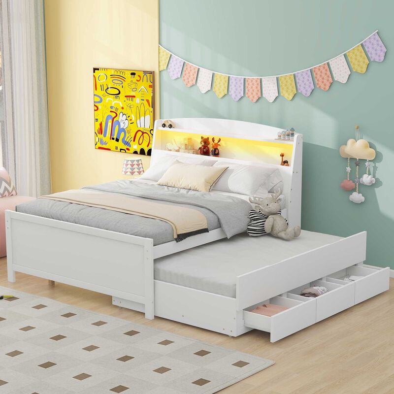 Merax White Platform Bed with LED Headboard, Trundle & Drawers image number 2