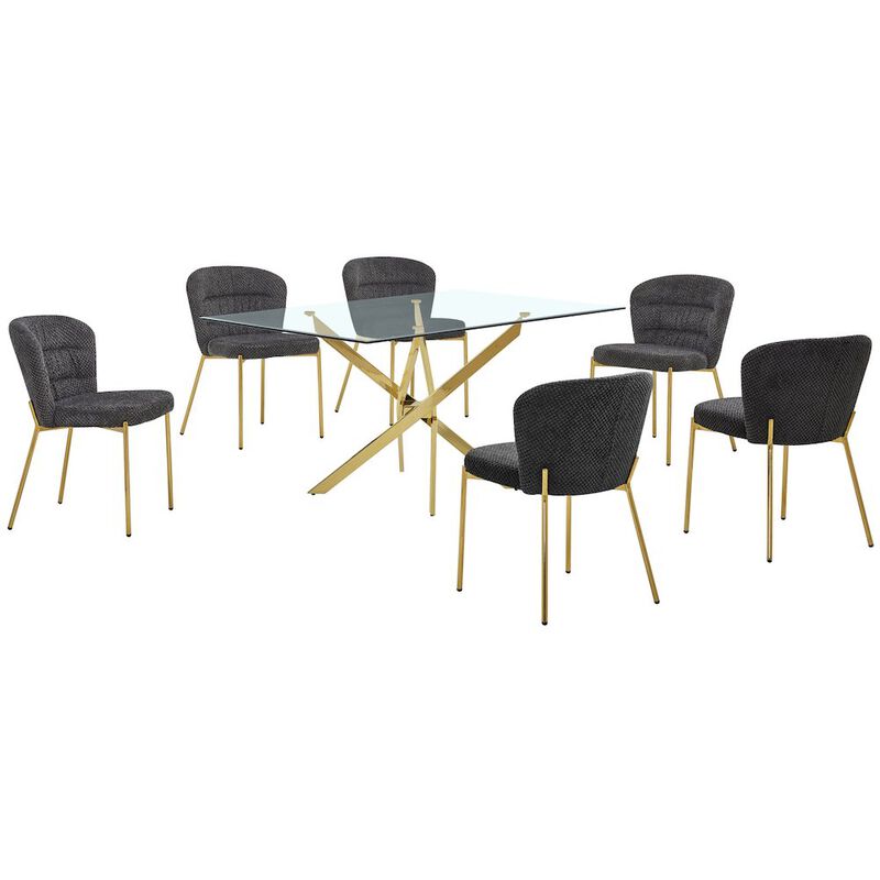 Best Quality Furniture Rectangle Tempered Glass Dining Table With 6 Dark Grey Side Chairs