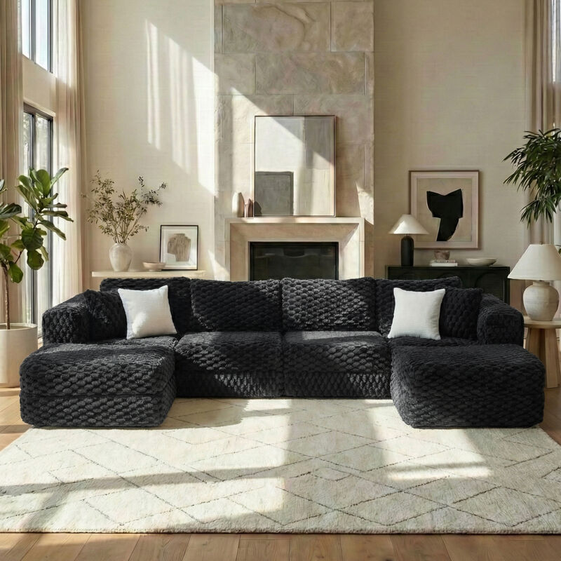 Merax Modular U-Shape Bubble Velvet Sofa Configurable Design with Movable Ottomans & Colorful Cushions image number 1