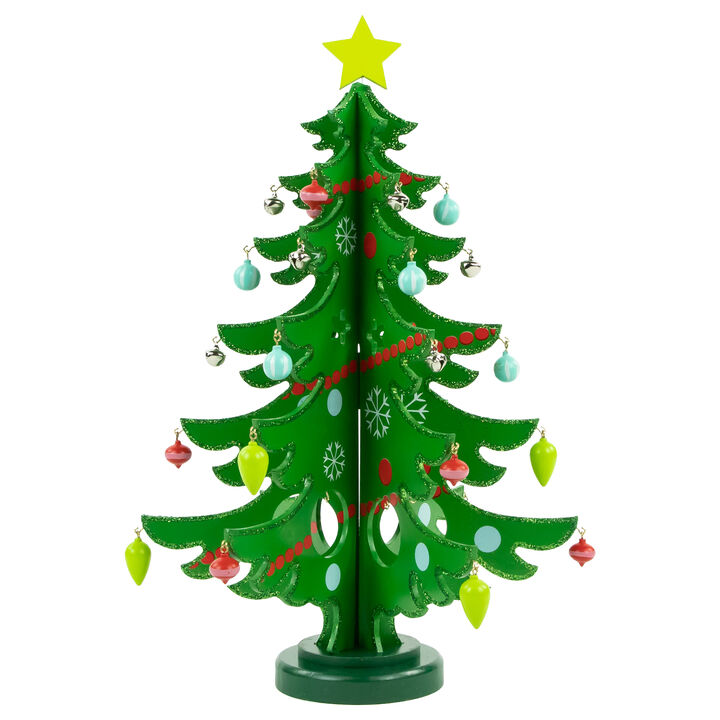 13.75" Green 3-D Wood Christmas Tree with Ornaments Decoration