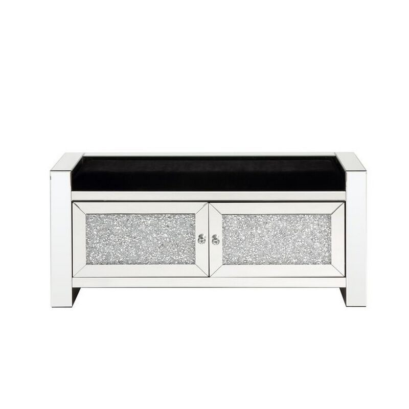 Mirrored Bench with Faux Diamonds and 2 Cabinets, Silver-Benzara image number 2