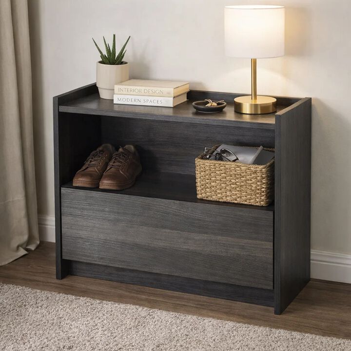 Roby Nightstand, Raised Border Top, Storage Shelf and Drawer, Dark Gray