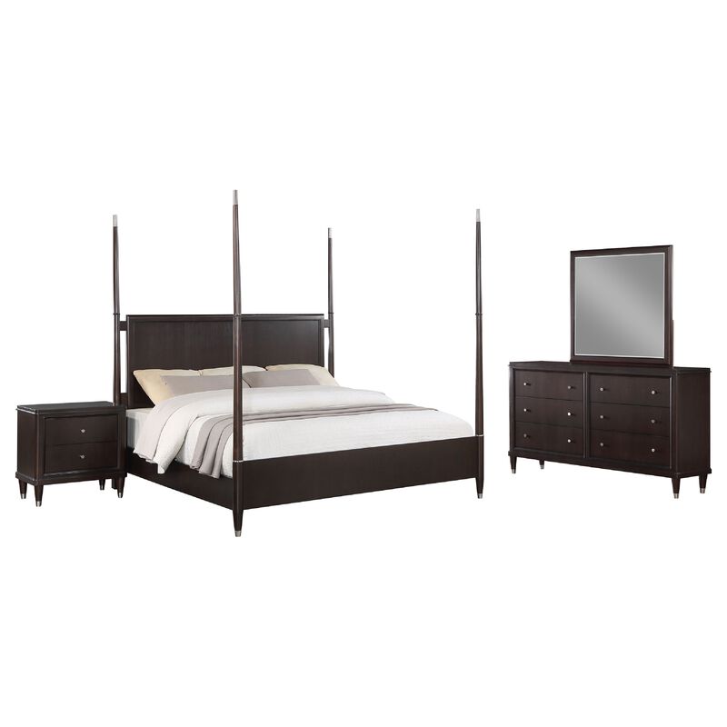 Amber 4pc Poster Queen Bed Set, Modern Dark Brown Wood, Dresser Mirror
