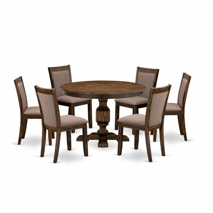 East West Furniture F3MZ7-748 7Pc Dining Set - Round Table and 6 Parson Chairs - Distressed Jacobean Color