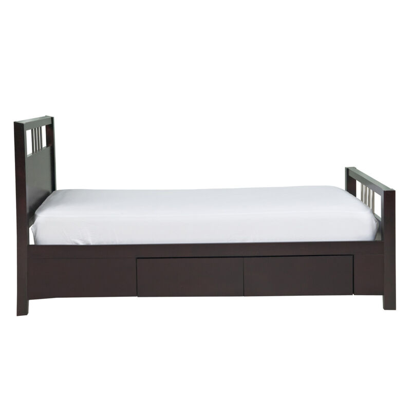 Fang Queen Size Storage Bed, Sleigh Headboard, 4 Drawers, Espresso Brown  - Benzara