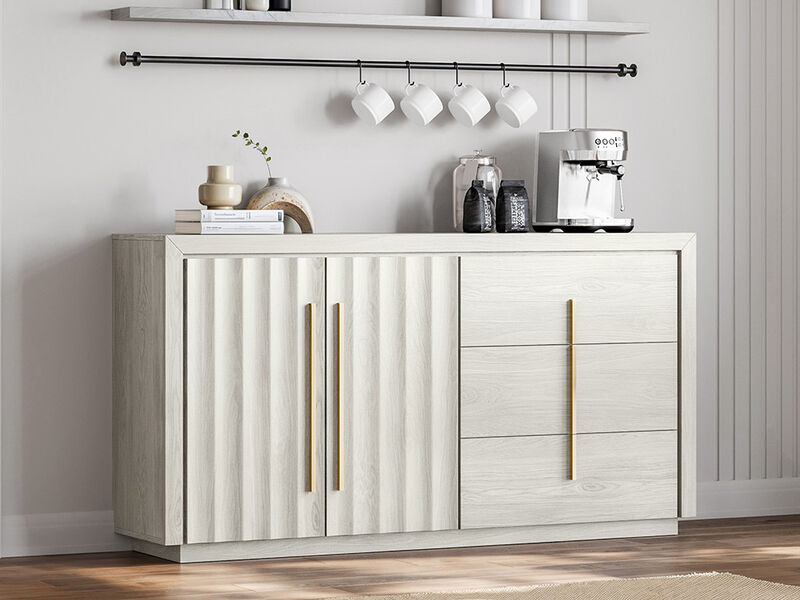 BELLEZE Sideboard Buffet Cabinet, 64.5" Modern Console Table with 3 Drawers and 2 Fluted Doors, Entryway Accent Storage Cabinet, Adjustable Shelves, Dining Room Living Room, White Sand