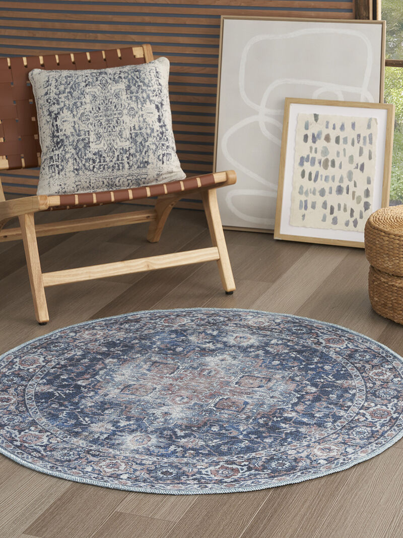 Machine Washable Series 1 SR101 Ivory/Navy 4' x Round Rug