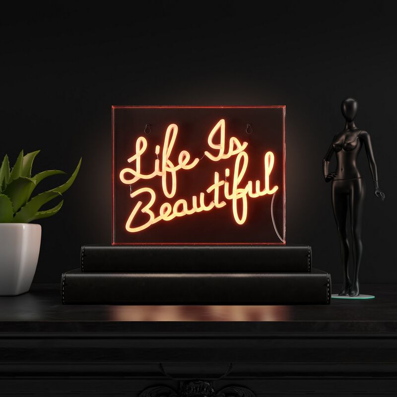 Life is Beautiful 13.7" X 10.9" Contemporary Glam Acrylic Box USB Operated LED Neon Light, Orange