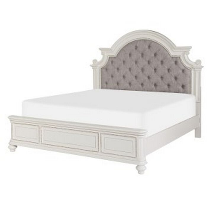 Desha Queen Bed, Button Tufted Headboard with Curve Details, Antique White