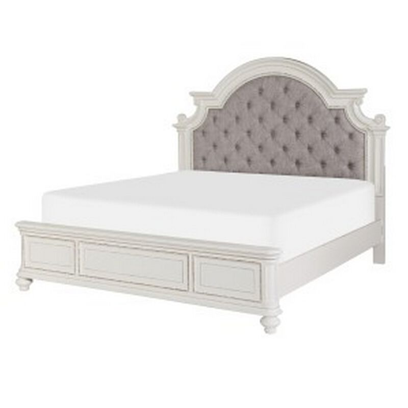 Desha Queen Bed, Button Tufted Headboard with Curve Details, Antique White