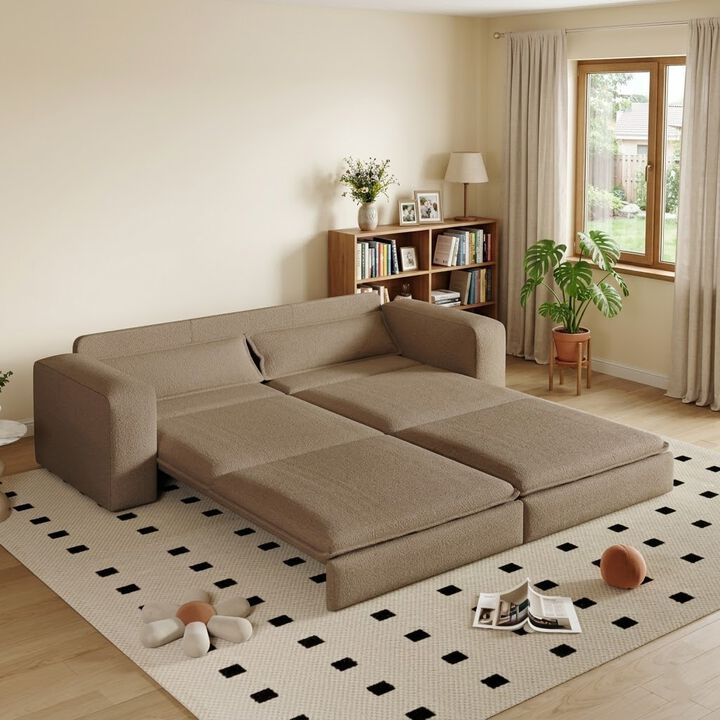 Whisen 93" King Size Sleeper Sofa, 3-Seat Teddy Fabric Convertible Couch with 2 Lumbar Pillows