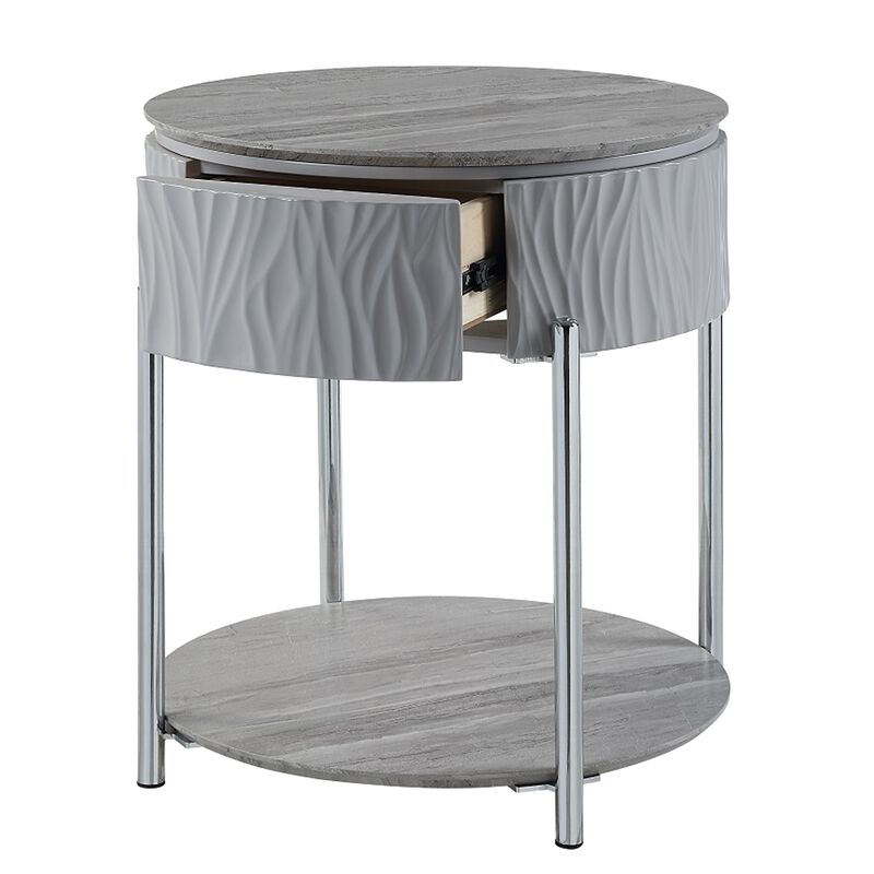 Doug Side End Table, 22 Inch Gray High Gloss Wood, Chrome Metal Finish