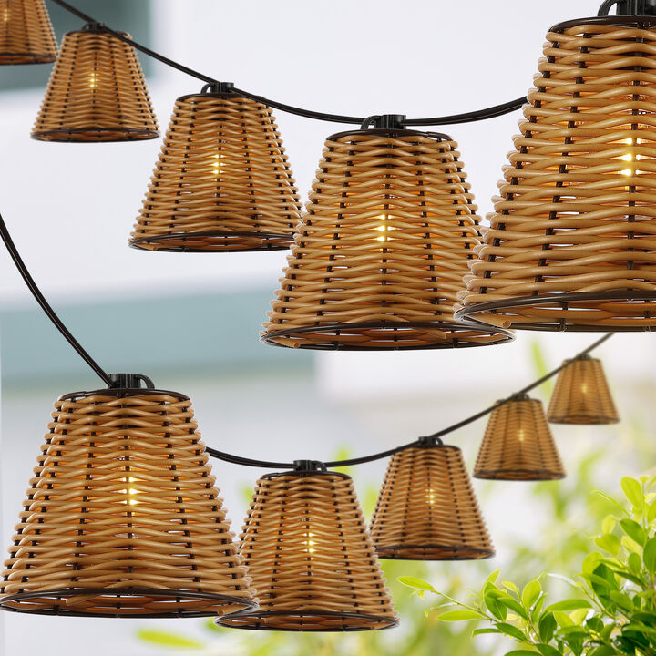 Payton 10-Light Indoor/Outdoor 10 ft. Classic Cottage Incandescent G40 Faux-Rattan Shaded String Lights, Brown