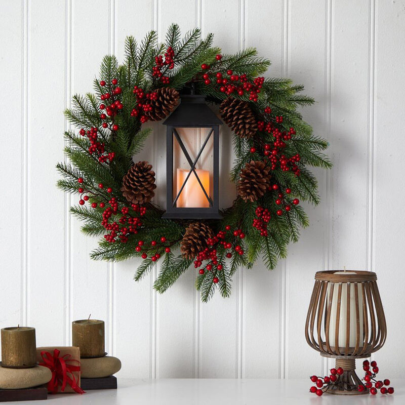 Nearly Natural 28-in Berries and Pine Artificial Christmas Wreath with Lantern and Included LED Candle