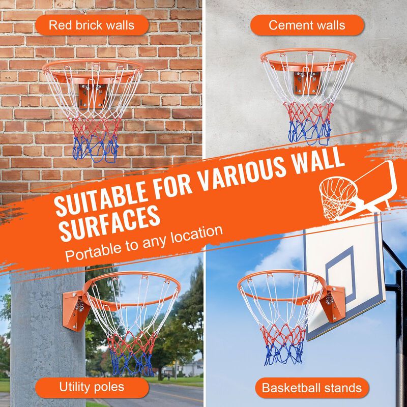 Standard Basketball Rim with Net, Wall Mounted Goal Replacement for Kids and Adults-Orange image number 4