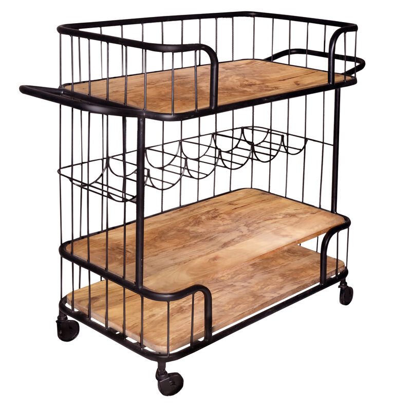 Metal Frame Bar Cart with Wooden Top and 2 Shelves, Black and Brown-Benzara
