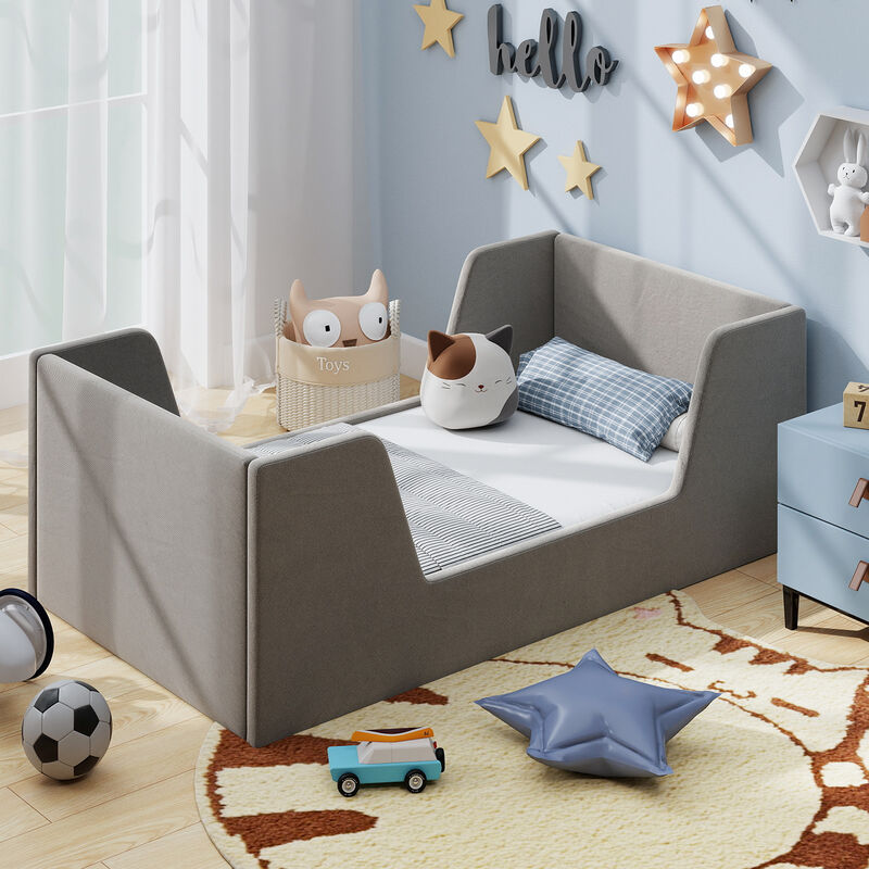 Velvet Upholstered Toddler Bed Frame with Protective Safety Rails image number 7