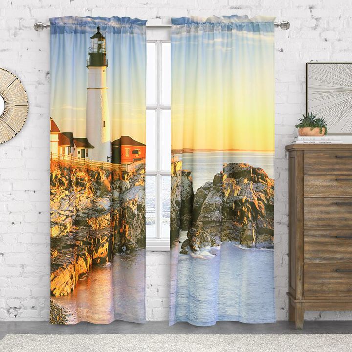 Habitat Photo Real Lighthouse and Ambient Surroundings Sunrise Light Filtering Pole Top Curtain Pair Each 38" x 84" Multicolor