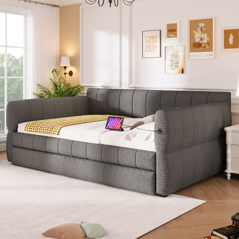 Merax Queen Size Gray Lambswool Upholstered Daybed with USB Charging image number 3