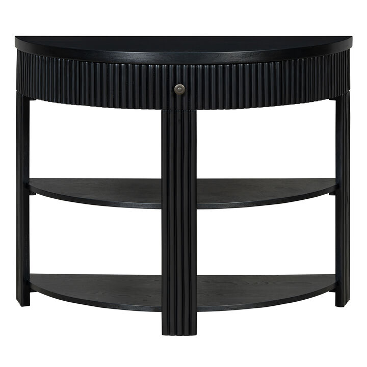 Whisen Half Moon Console Table, Fluted Wooden Entryway Table with Drawer & 2 Shelves, Solid Wood & MDF for Living Room Hallway