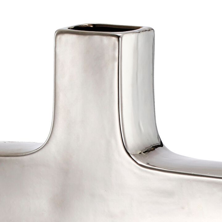 16 Inch Modern Vase, Artisanal Keyhole Design, Metallic Silver Stoneware-Benzara
