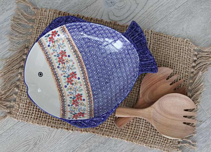 Blue Rose Polish Pottery Red Poppy Large Fish Platter