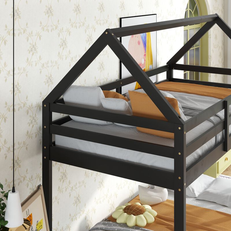 Whisen Twin over Twin Rubber Wood House-Shaped Floor Bunk Bed with ladder and Safety Guardrails image number 5