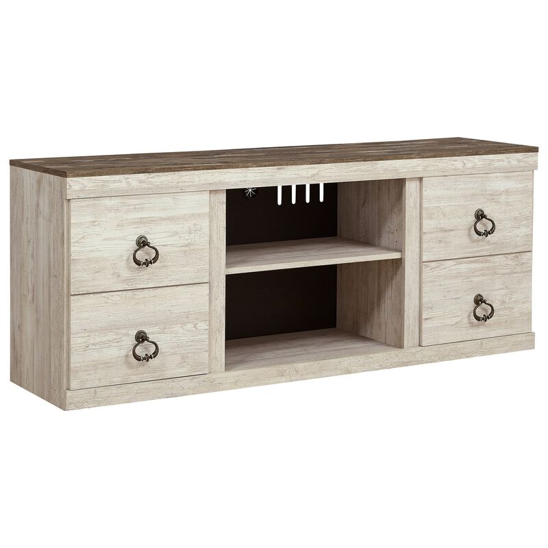 60 Inch Rustic TV Media Entertainment Console, Round Handles, Wood, White - Benzara