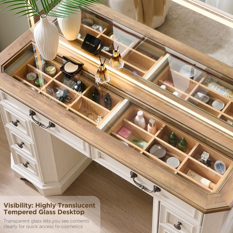 48" LED Vanity Desk with Mirror, 3-Light Modes, 8 Drawers, Glass Top, USB Charging image number 3