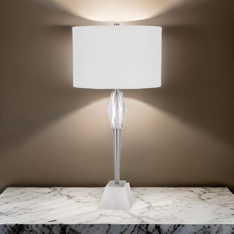 32 Inch Table Lamp with White Drum Shade, Marble Base, Brushed Steel - Benzara