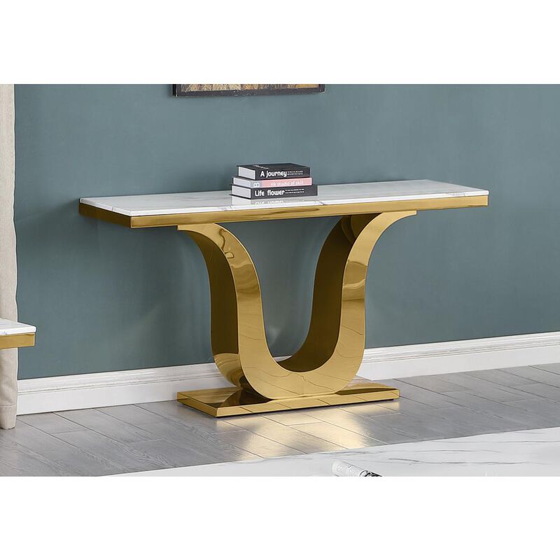 White marble console table with a gold color stainless steel base
