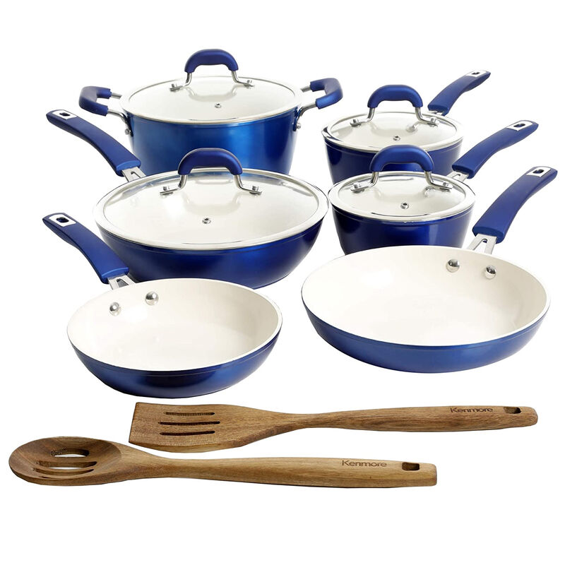 Kenmore Arlington 12 Piece Aluminum Ceramic Coated Nonstick Cookware Set in Metallic Blue