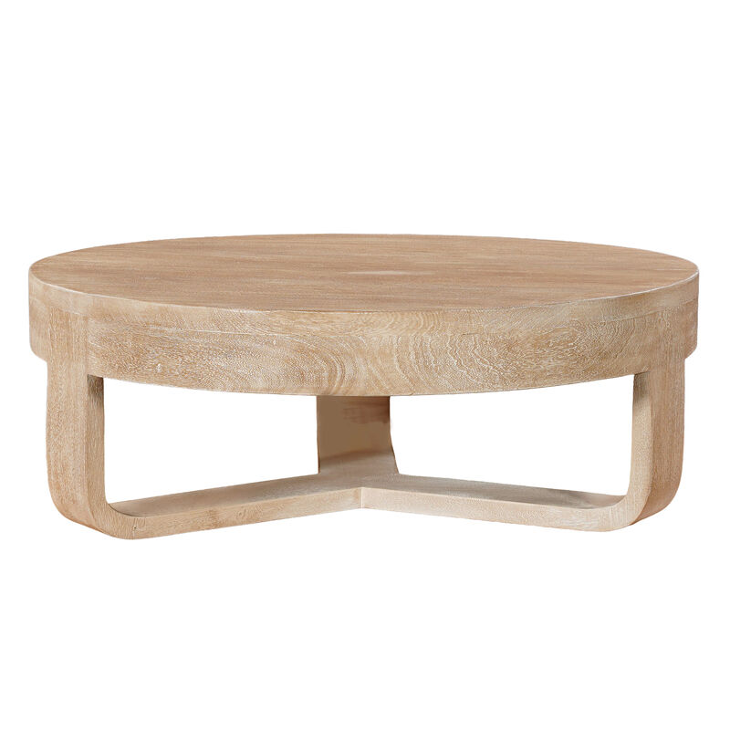 Milan Coffee Table, 32 Inch Round Top, Mango Wood with Sandblasted Natural Brown, Open Sled Base image number 0