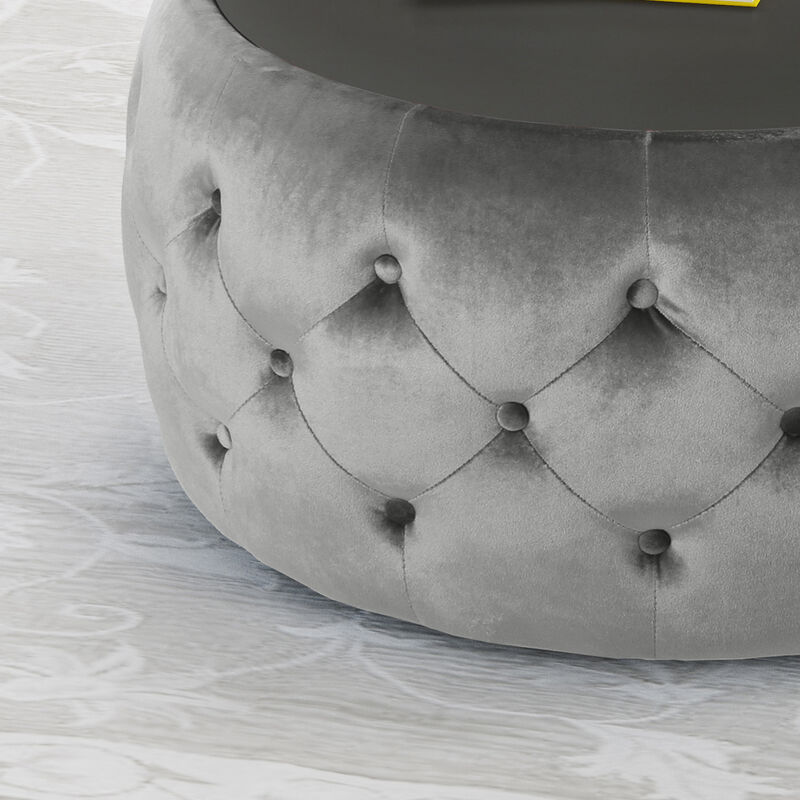 Streamdale Modern Glam Diamond Tufted Velvet Ottoman with Tempered Glass Top