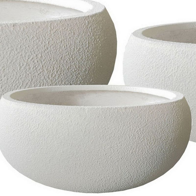 Keyan Accent Planter Set of 3, White Resin, Modern Smooth Bowl Shape - Benzara