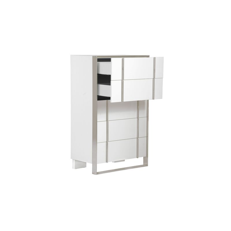 Cid Xato Tall Dresser Chest, Glossy White Wood and Steel, 5 Drawers, 55 Inch - Benzara