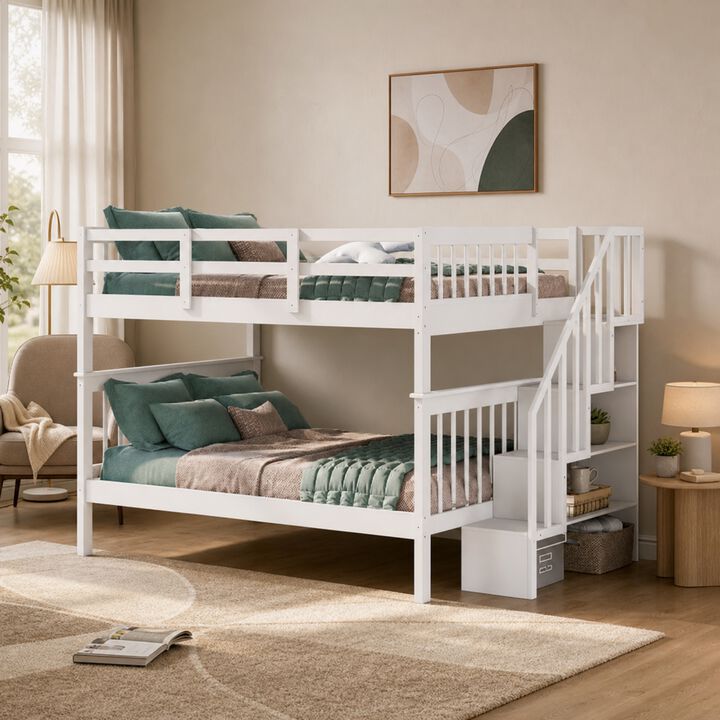 Whisen Stairway Full-Over-Full Bunk Bed with Storage, Solid Wood for Bedroom Dorm