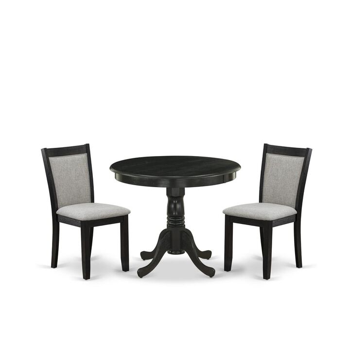 East West Furniture 3-Pc Dining Room Table Set Contains a Wooden Dining Table and 2 Shitake Linen Fabric Modern Dining Room Chairs - Wire Brushed Black Finish