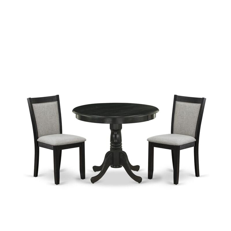 East West Furniture 3-Pc Dining Room Table Set Contains a Wooden Dining Table and 2 Shitake Linen Fabric Modern Dining Room Chairs - Wire Brushed Black Finish