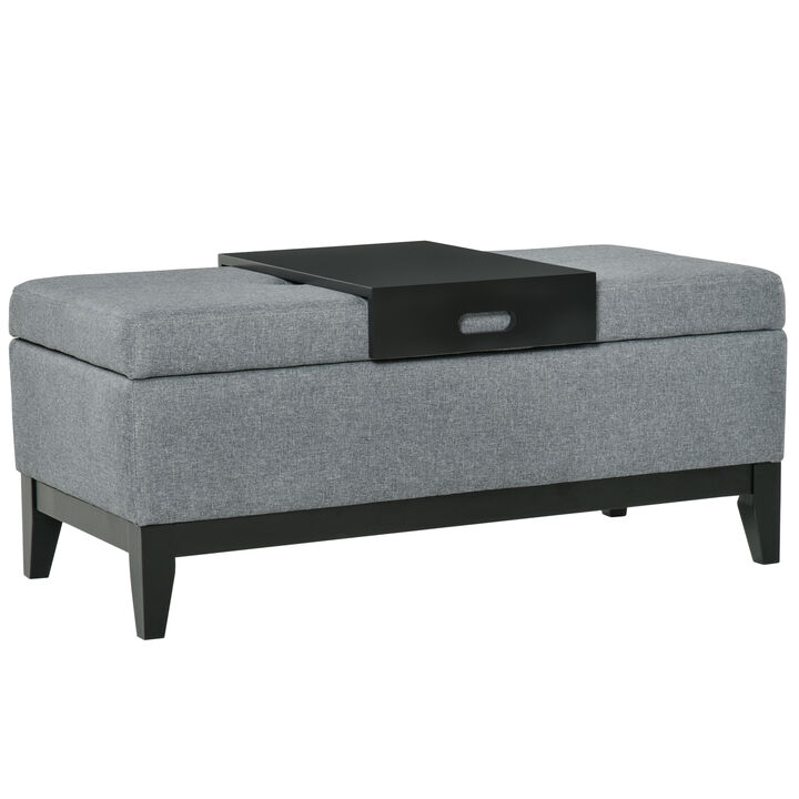 HOMCOM 42" Rectangular Storage Ottoman Bench, Linen Fabric Coffee Table Ottoman with Removable Tray for Living Room, Entryway, or Bedroom, Gray