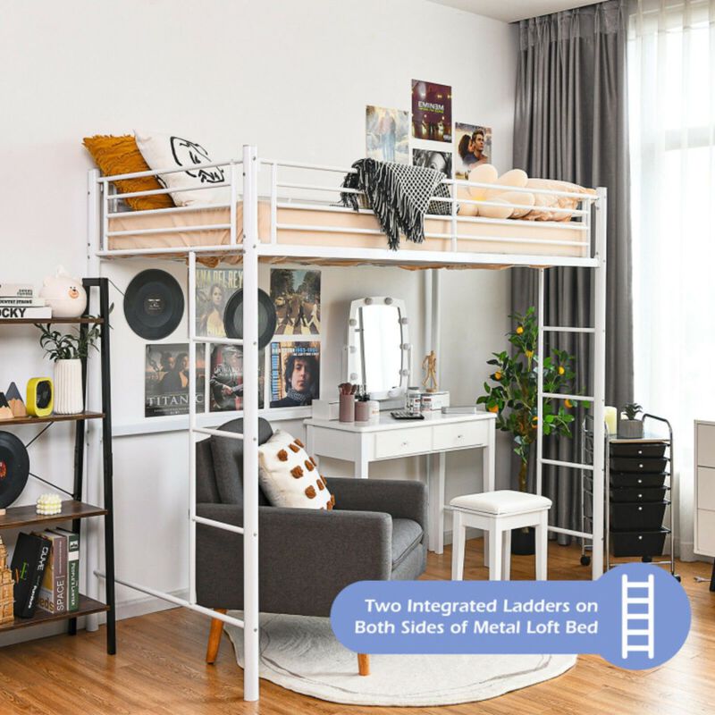 Twin Loft Bed Frame with 2 Ladders Full-length Guardrail