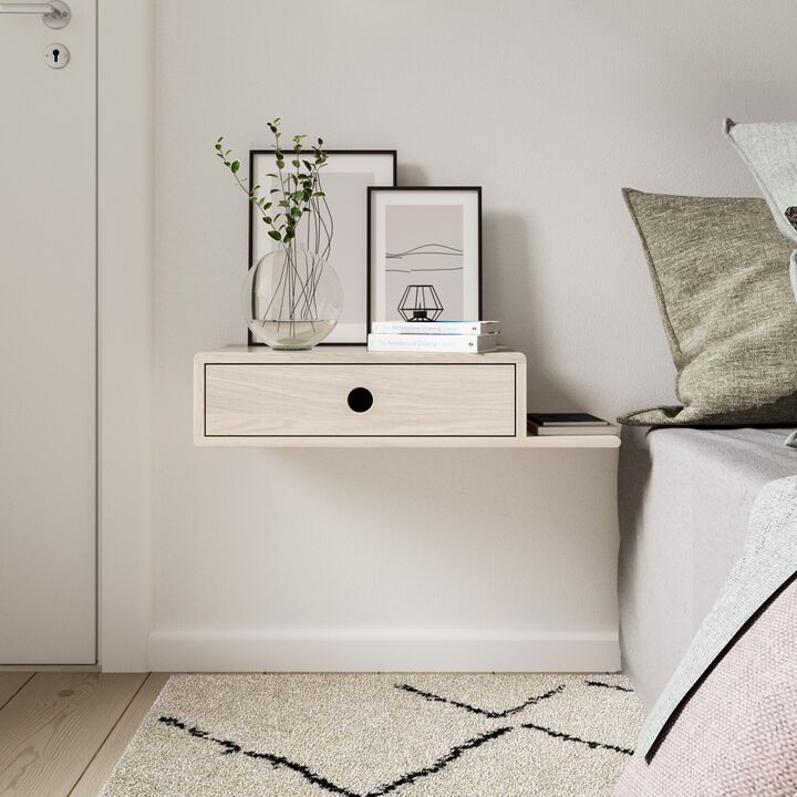 Solid Hardwood Floating  Nightstand  - Shelf On Right , Whitewash, Modern Nightstand with Drawer